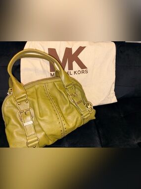 Michael Kors Olive Leather Shoulder Bag with Gold Hardware